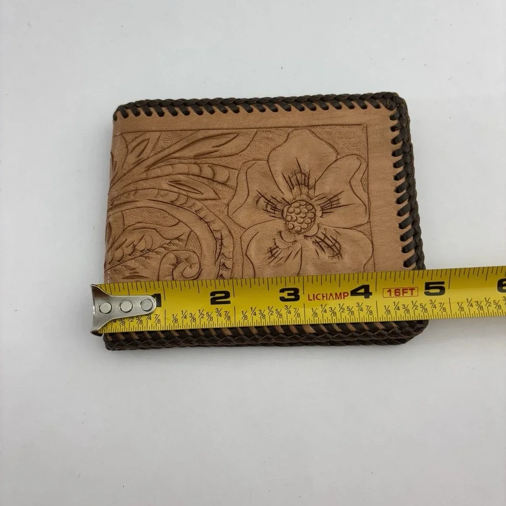 VTG Tooled Leather Western Whip Stitch Men's Wallet Hand Crafted Bifold Brown